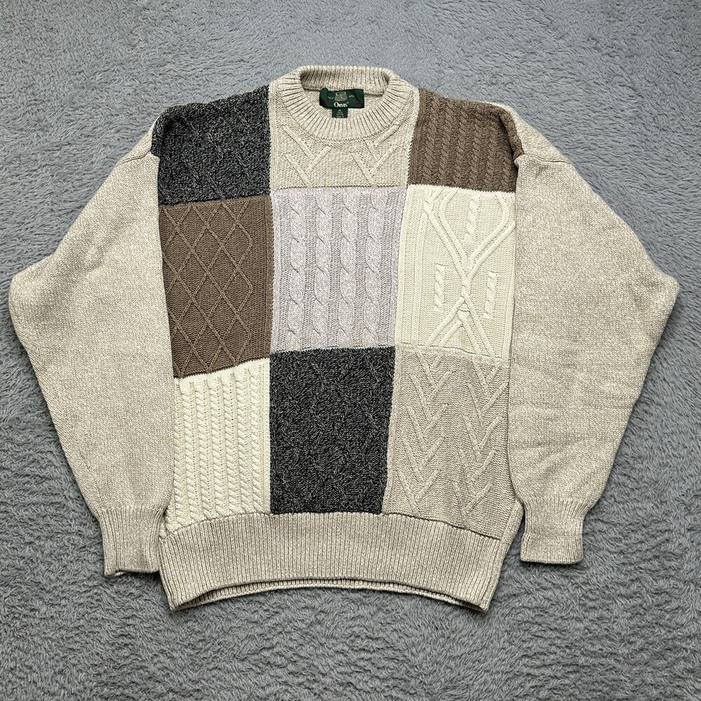 Vintage Orvis Crewneck Sweater Mens XL Cream Patchwork Cable Knit 100% Cotton